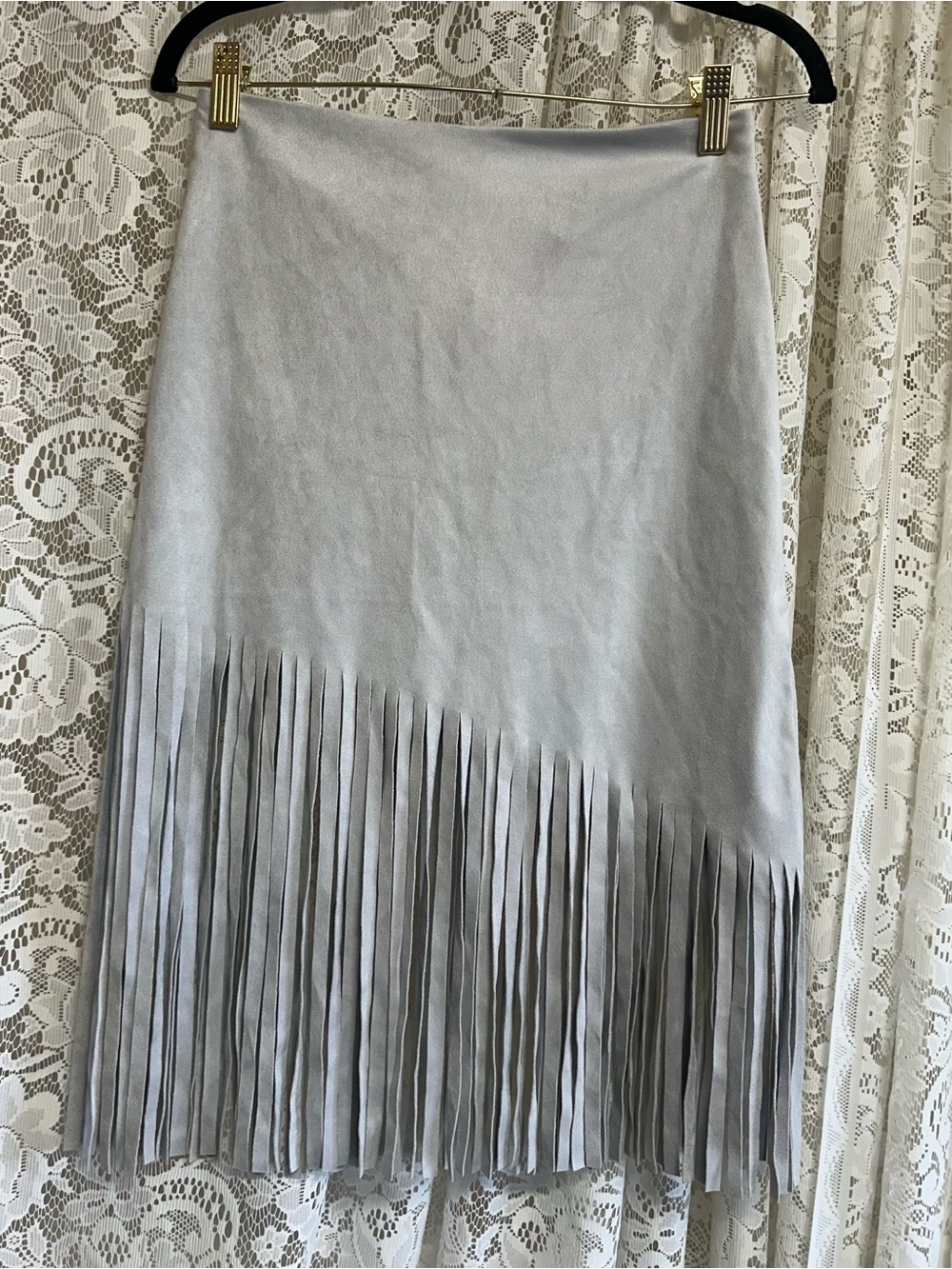 BB Dakota Light Grey Asymmetrical Faux Swade Fringe Skirt
